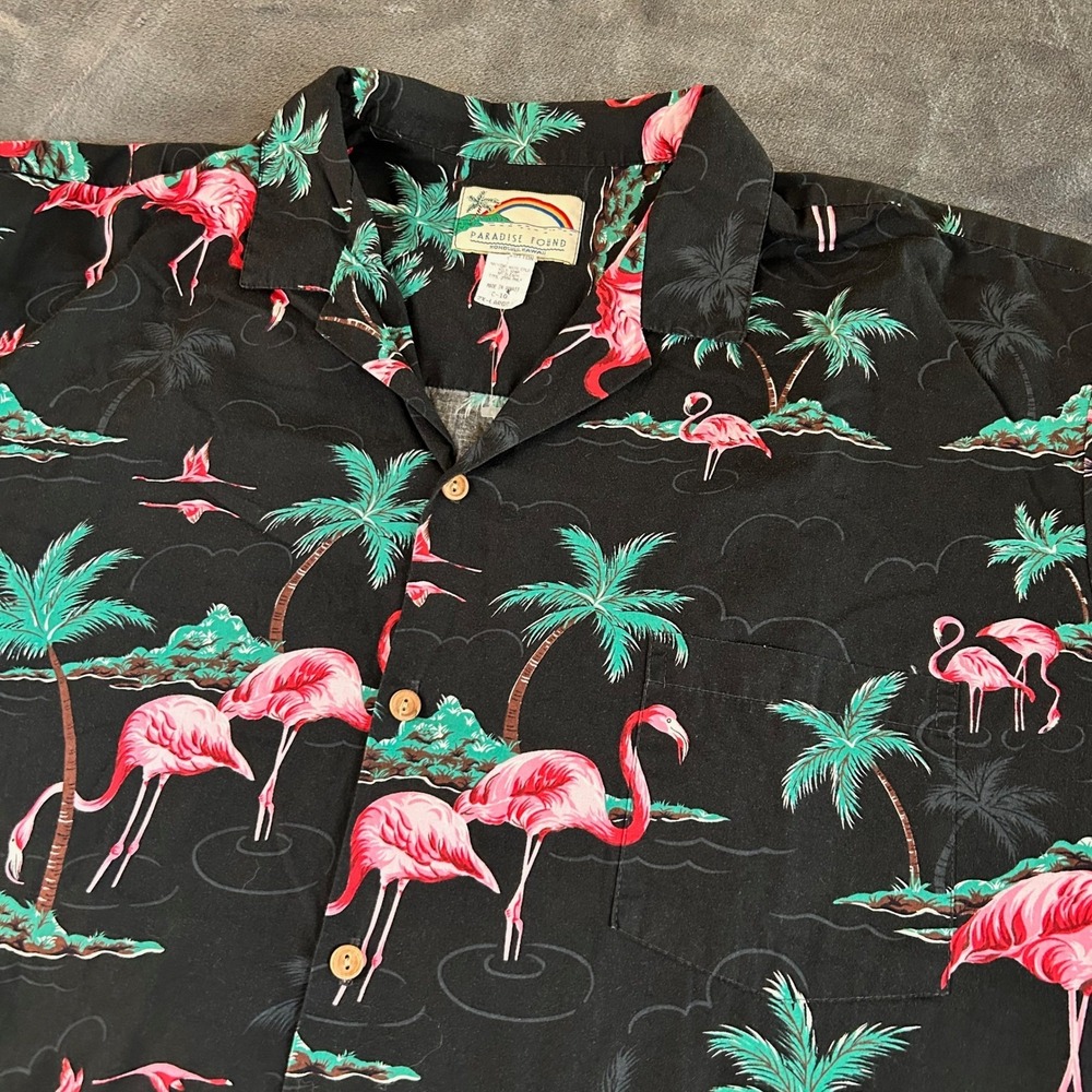 Paradise Found Flamingo Palm Hawaiian Shirt Mens 2X-Large Black Cotton Aloha